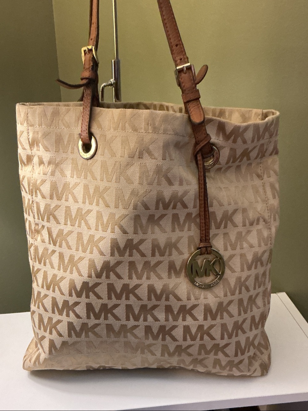 Michael Kors Beige MK Monogram Logo Tote Brown Leather Straps Hangtag EUC